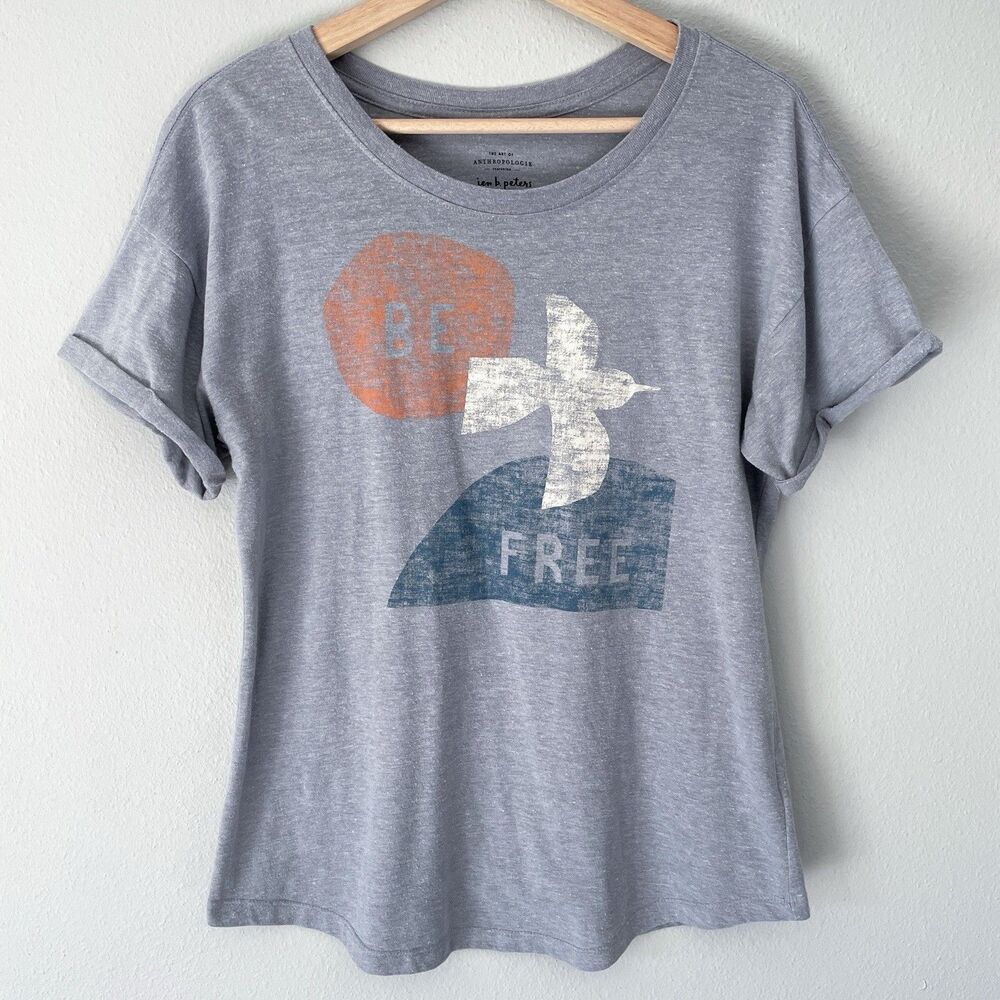 Anthropologie by Jen B. Peters Be Free Graphic Tee Women's S Gray Bird Short Slv